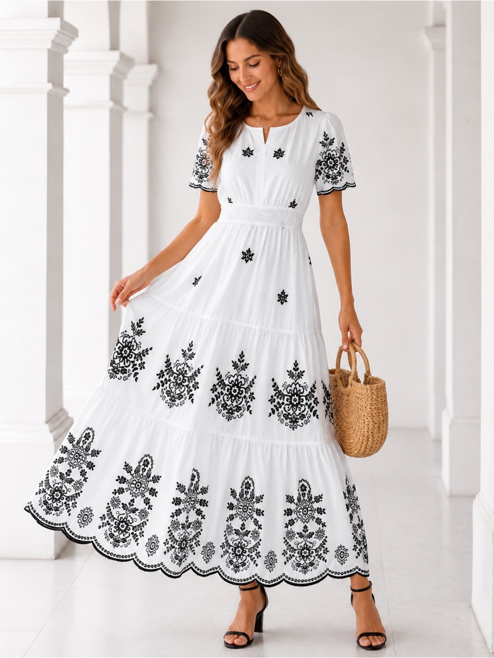 NEW -  White & Black Embroidered Boho Maxi Dress Elegant Cottagecore Pockets
